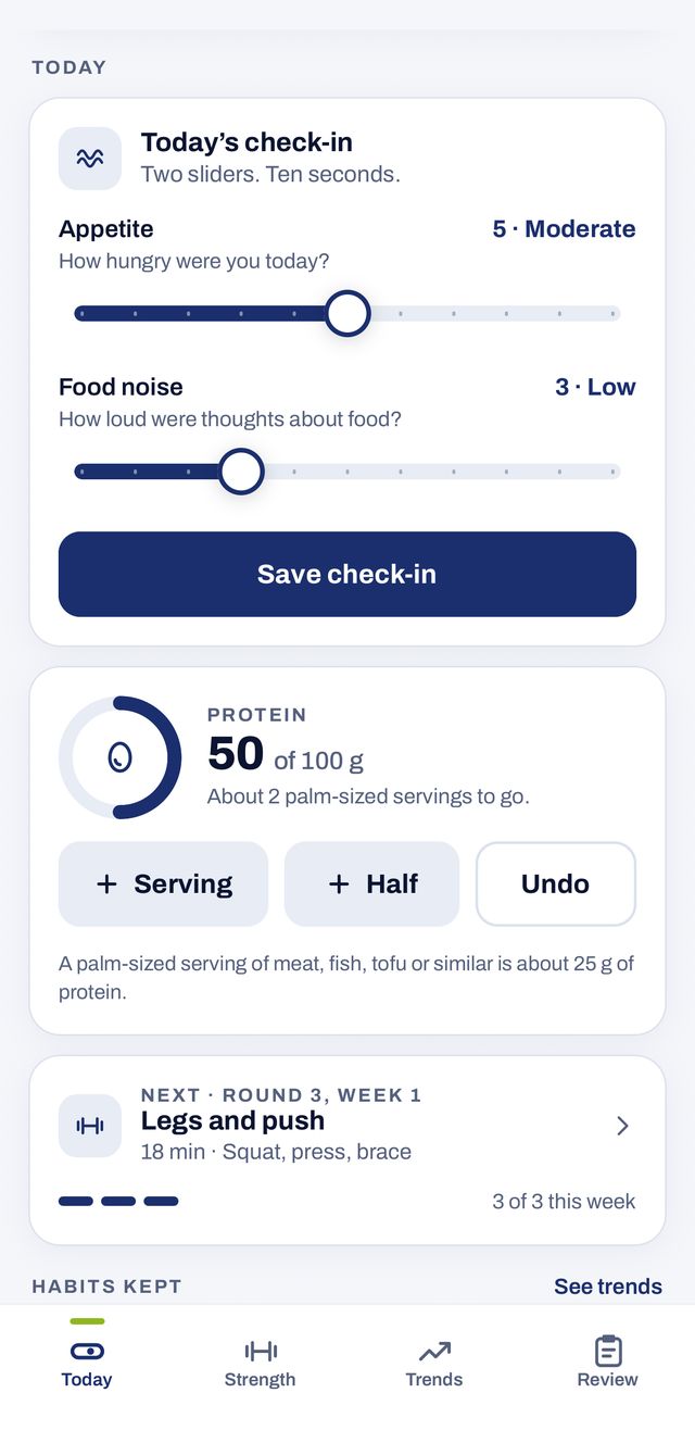 Today's check-in: appetite 5, food noise 3, and protein 50 of 100 grams
